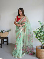 Vamsee Nilam Green Organza Saree | Grocsy