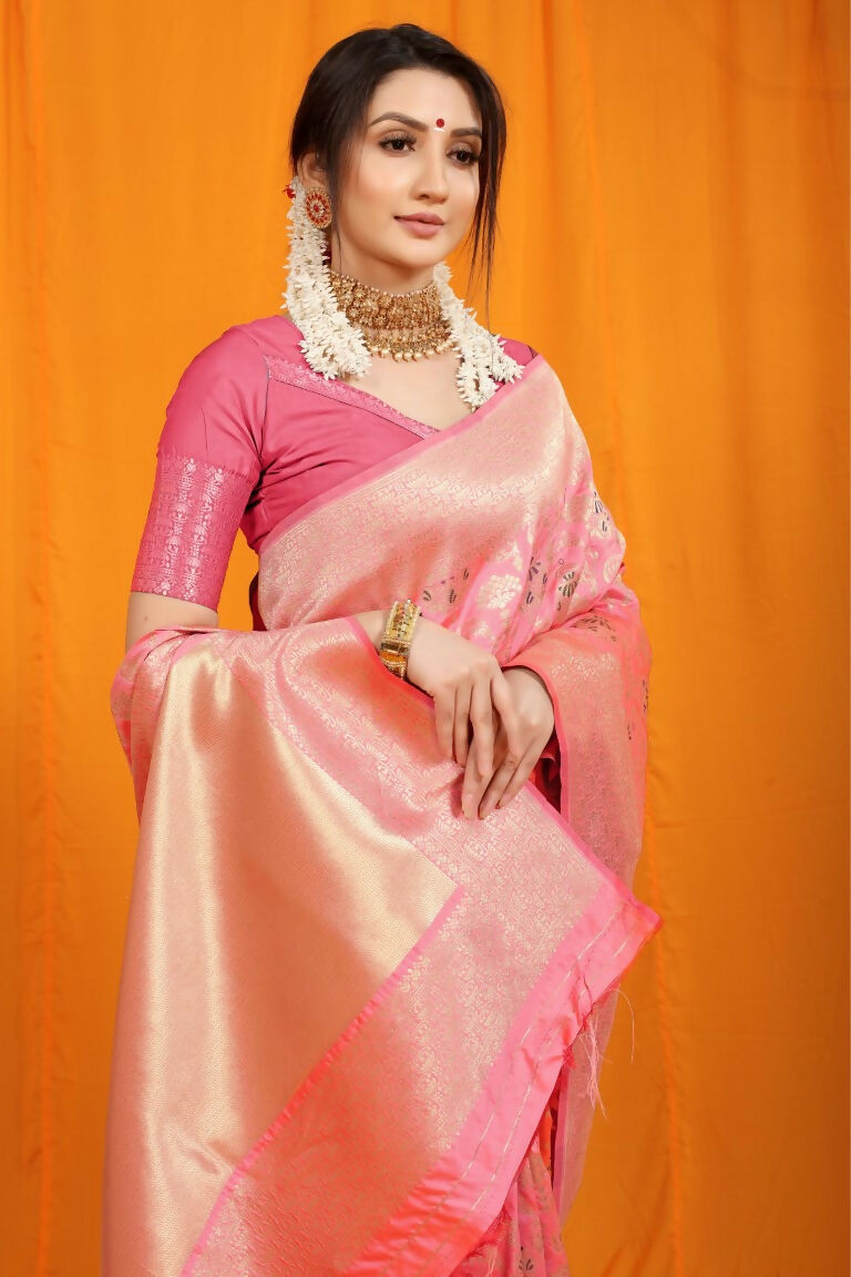 Jyoti Fashion Women's Pink Kanjivaram Silk Zari Woven Saree with Blouse | Grocsy