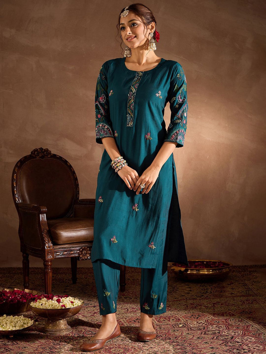 Indo Era Floral Embroidered Thread Work Straight Kurta With Trousers & Dupatta | Grocsy