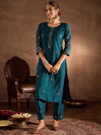 Indo Era Floral Embroidered Thread Work Straight Kurta With Trousers & Dupatta | Grocsy