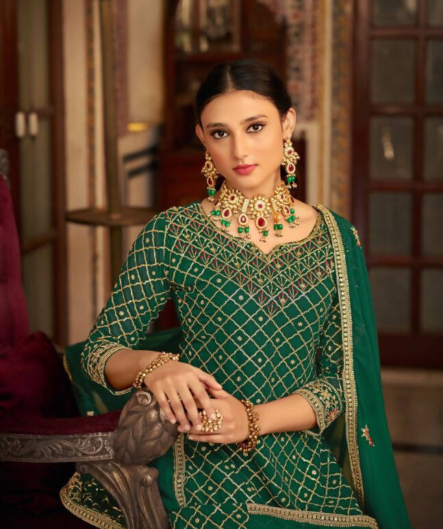 Green Heavy Chinon Semi Stitched Kurta with Bottom & Dupatta - Dhvani | Grocsy
