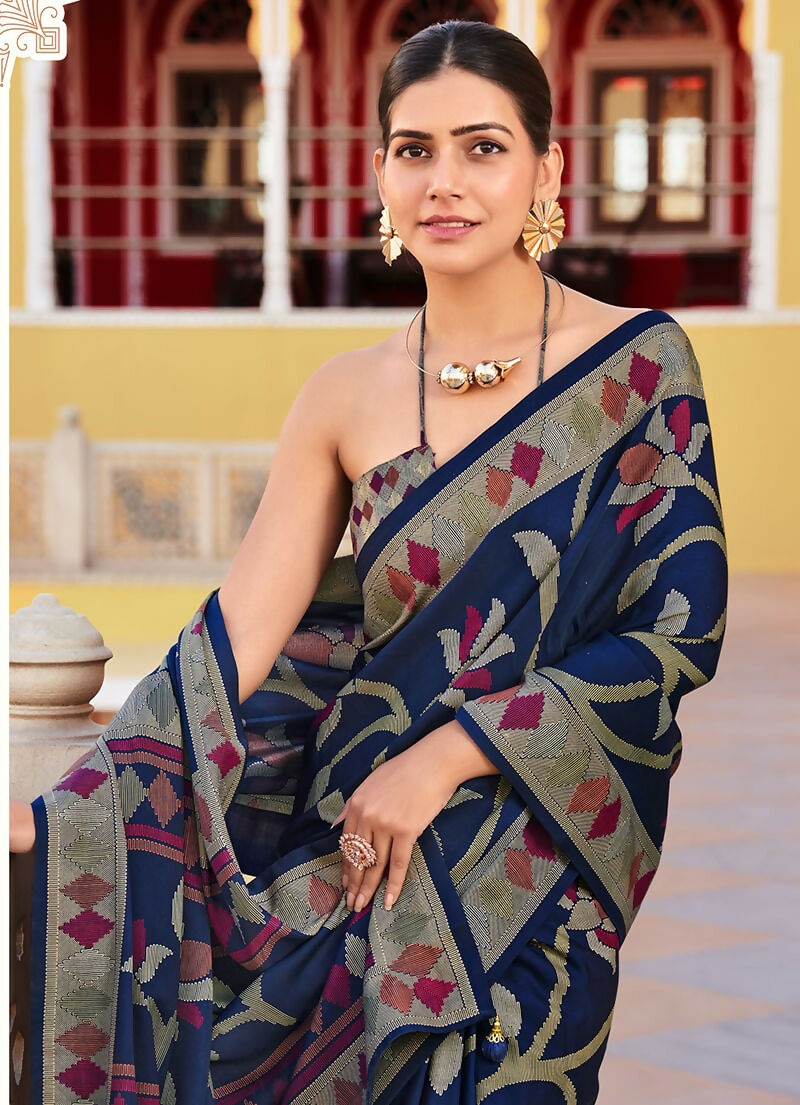 Monjolika Fashion Silk Blend Navy Blue Printed Saree | Grocsy