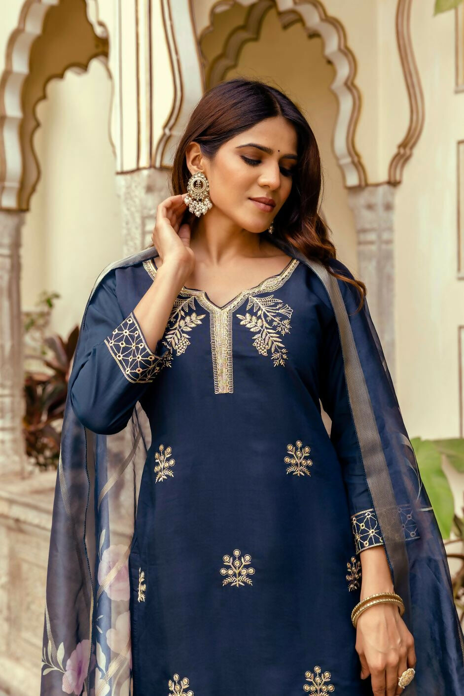 The52 Navy Blue Women's Beautiful Viscose Chanderi Fabric Thread Work Straight Kurta Pant and Dupatta Set | Grocsy