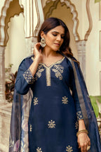 The52 Navy Blue Women's Beautiful Viscose Chanderi Fabric Thread Work Straight Kurta Pant and Dupatta Set | Grocsy