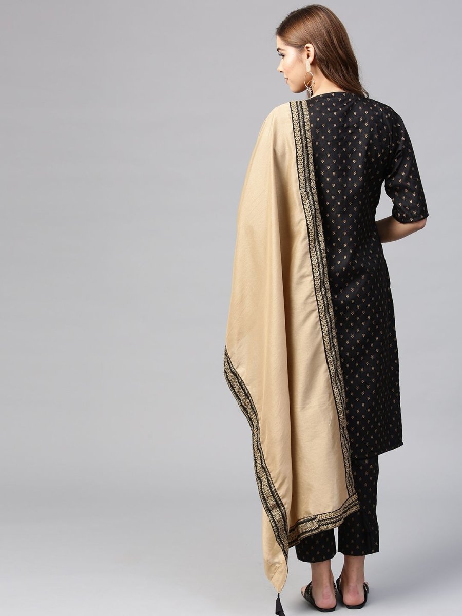 Ahalyaa Women's Black Poly Silk Printed Kurta Pant With Dupatta | Grocsy