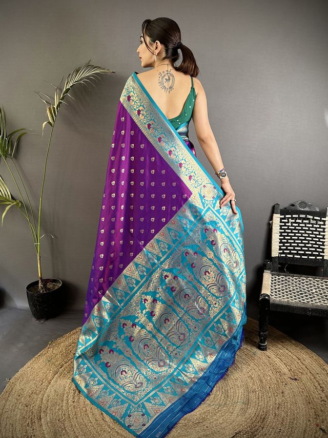 Elora Purple Soft Silk Intricate Motifs Zari Weaving Banarasi Saree With Contrast Weaving Border | Grocsy