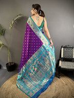 Elora Purple Soft Silk Intricate Motifs Zari Weaving Banarasi Saree With Contrast Weaving Border | Grocsy