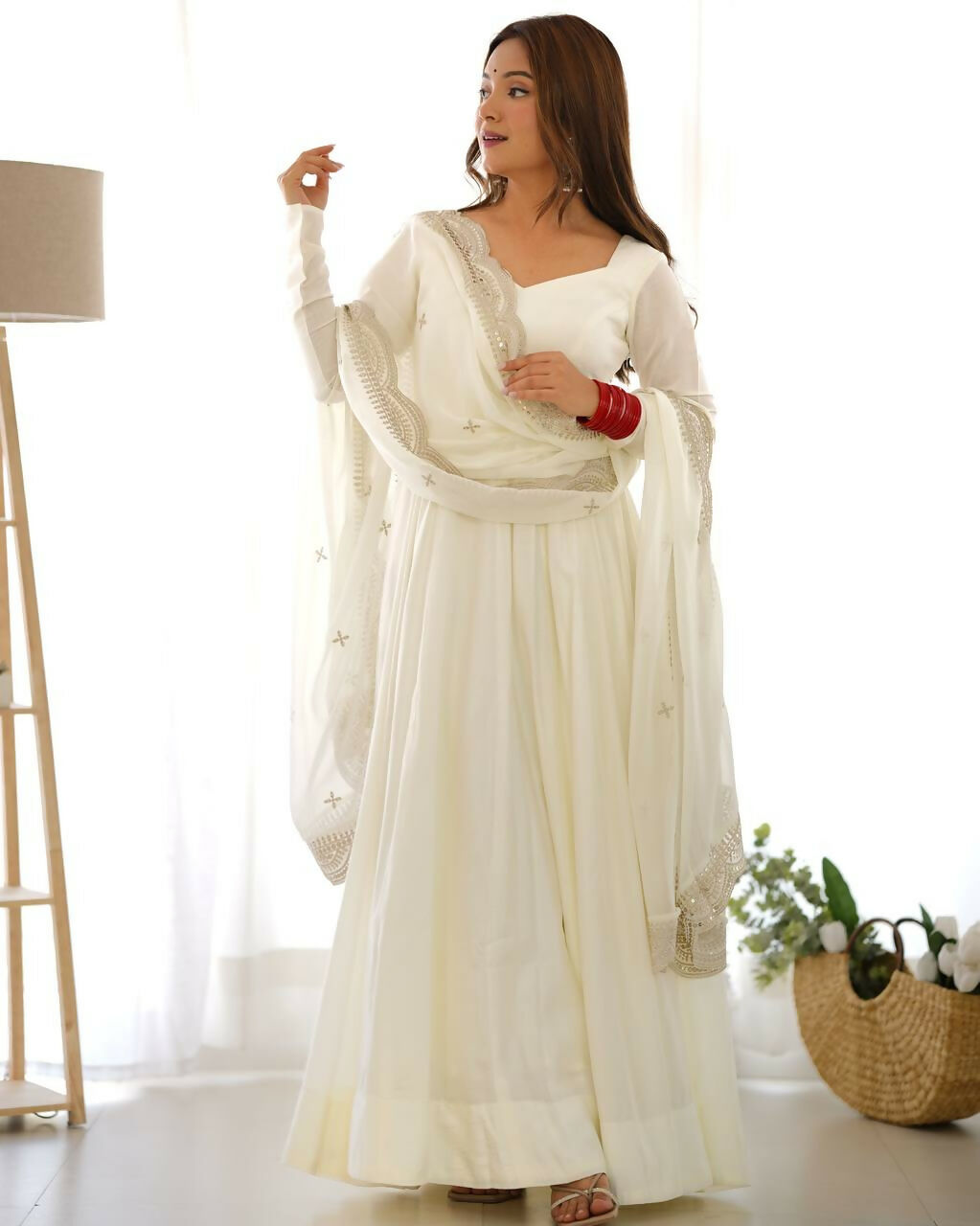 Lehenga Mart Designer Anarkali Suit With Kurta, Pant, Dupatta For Women-Off White | Grocsy