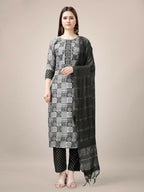 Jyoti Fashion Women's Black Rayon Print with Embroidery & Fancy Lace Work Kurta with Trouser & Dupatta | Grocsy