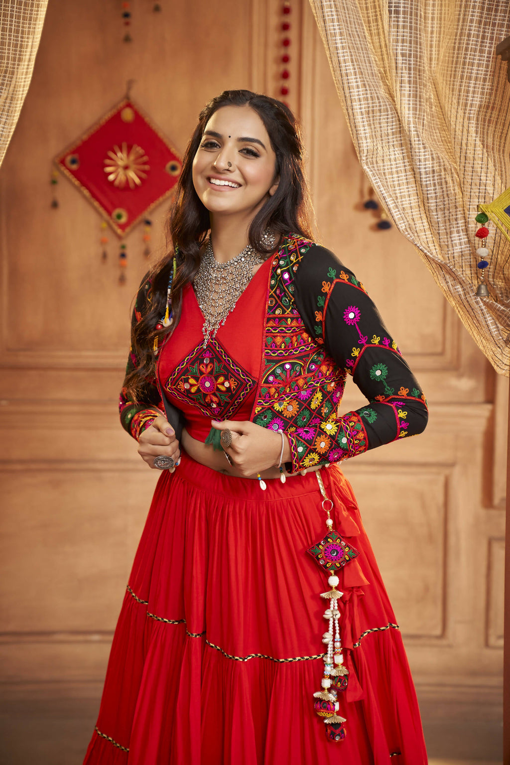 Red Viscose Rayon Navratri Lehenga Choli With Dupatta - Raas | Grocsy