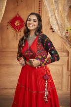 Red Viscose Rayon Navratri Lehenga Choli With Dupatta - Raas | Grocsy