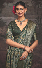 Joban Fashion Green Art Silk With Fine Viscose Border Ajrak Full Body Print With Soft Finish Saree | Grocsy