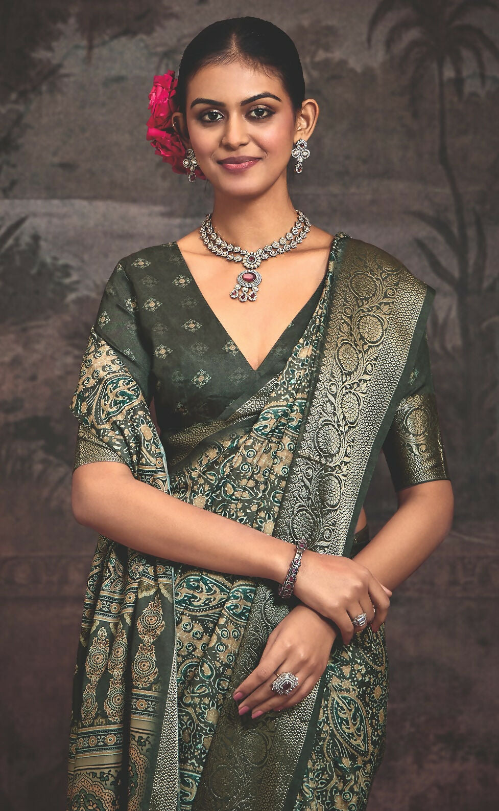 Joban Fashion Green Art Silk With Fine Viscose Border Ajrak Full Body Print With Soft Finish Saree | Grocsy