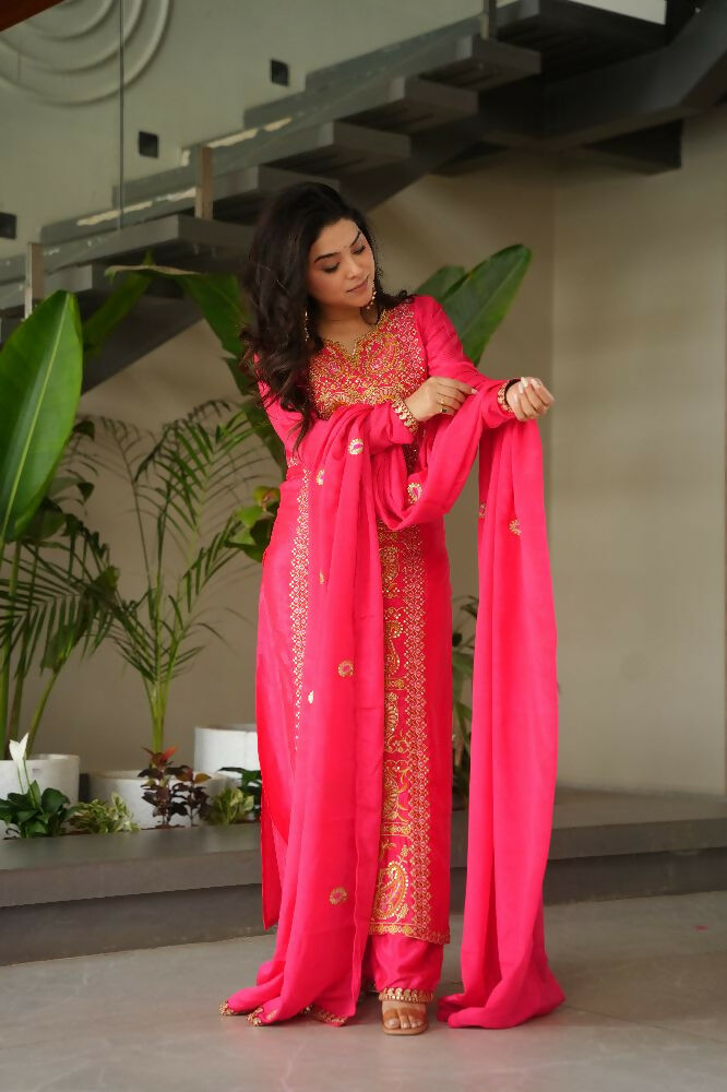 Joban Fashion Gajri Kurta Set Silk Sequins , Zari, Coding & Thread Embroidered work | Grocsy