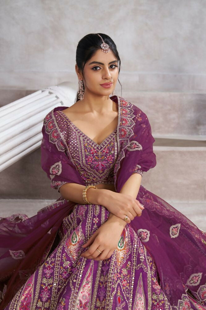 Kesar Fab Purple Banarasi Silk Hand_Woven Lehenga | Grocsy