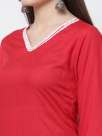 Myshka Pink Cotton Solid 3/4 Sleeve V Neck Casual Kurta Dupatta Set | Grocsy