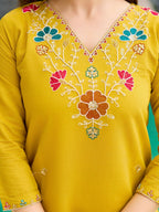 The52 Yellow Women's Gorgeous Embroidered work Viscose Gadhwal Fabric Straight Kurta, Pant and Dupatta Set | Grocsy