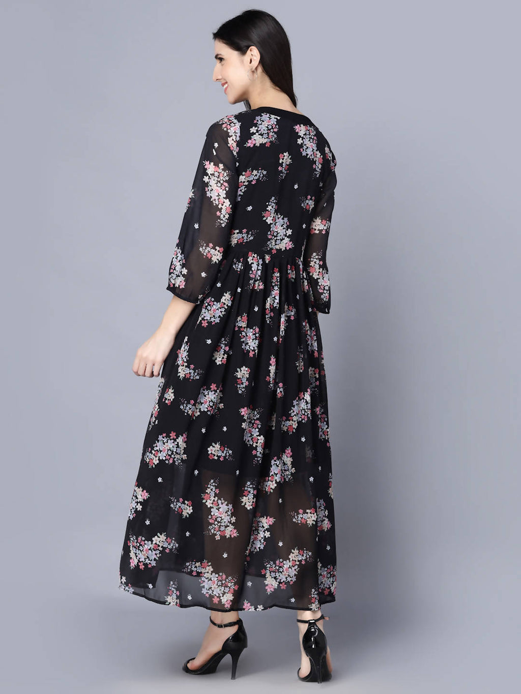 Myshka Black Floral Keyhole Neck Georgette Maxi Dress | Grocsy