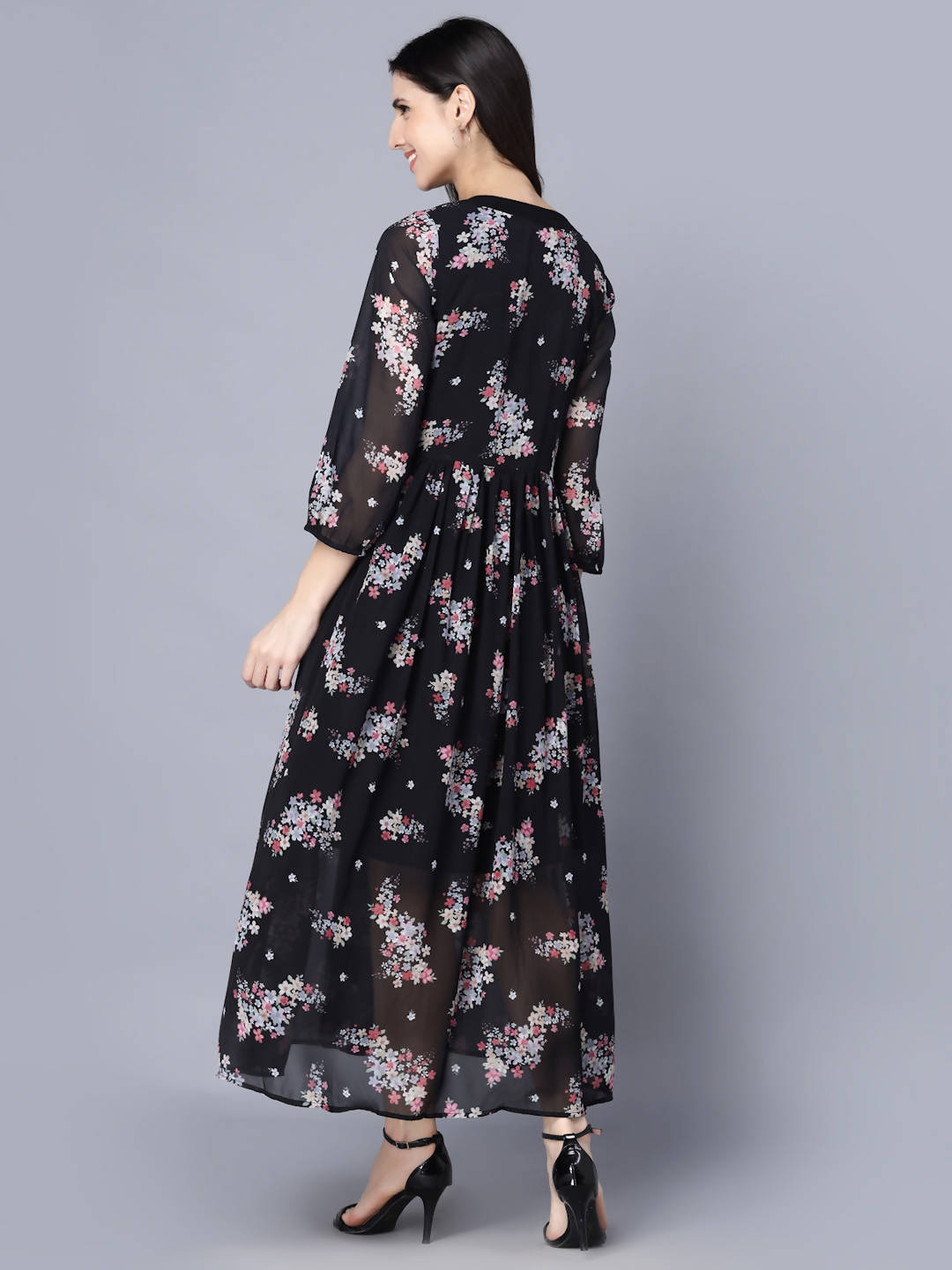 Myshka Black Floral Keyhole Neck Georgette Maxi Dress | Grocsy