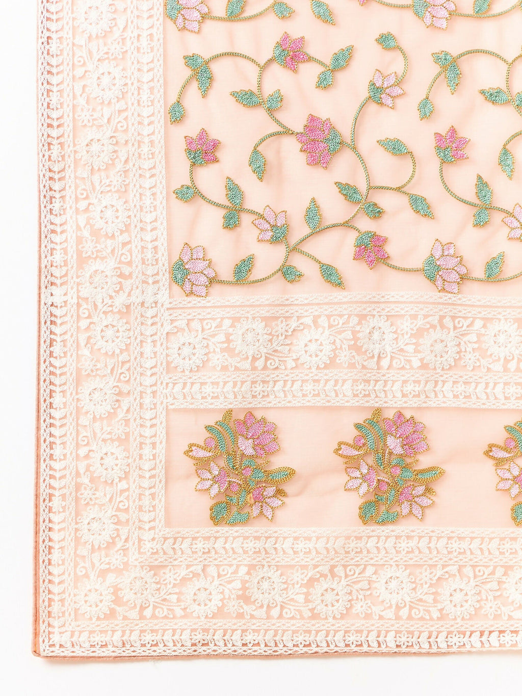 Peach Organza Floral Embroidered Saree with Unstitched Blouse Piece - Roozal | Grocsy