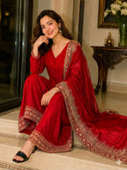 Teeya Creation New Latest Stylish Classic Red Festive Kurta Set with Gold Zari Border Palazzo and Dupatta | Grocsy