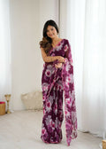 PR Fashion Purple Georgette Printed With Mirror Work Saree | Grocsy