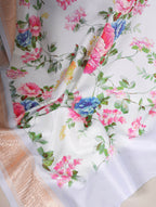 Vastranavya White Tussar Silk Printed with Viscose Border Saree with Unstitched Blouse | Grocsy
