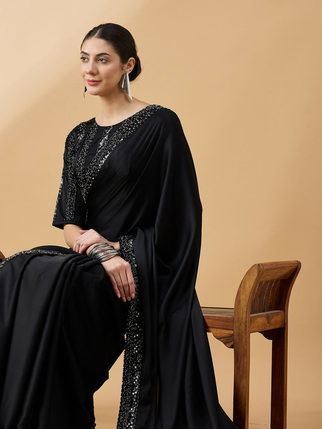 Black Satin Solid Sequence Work Saree with Stitched Blouse - Dharavi | Grocsy