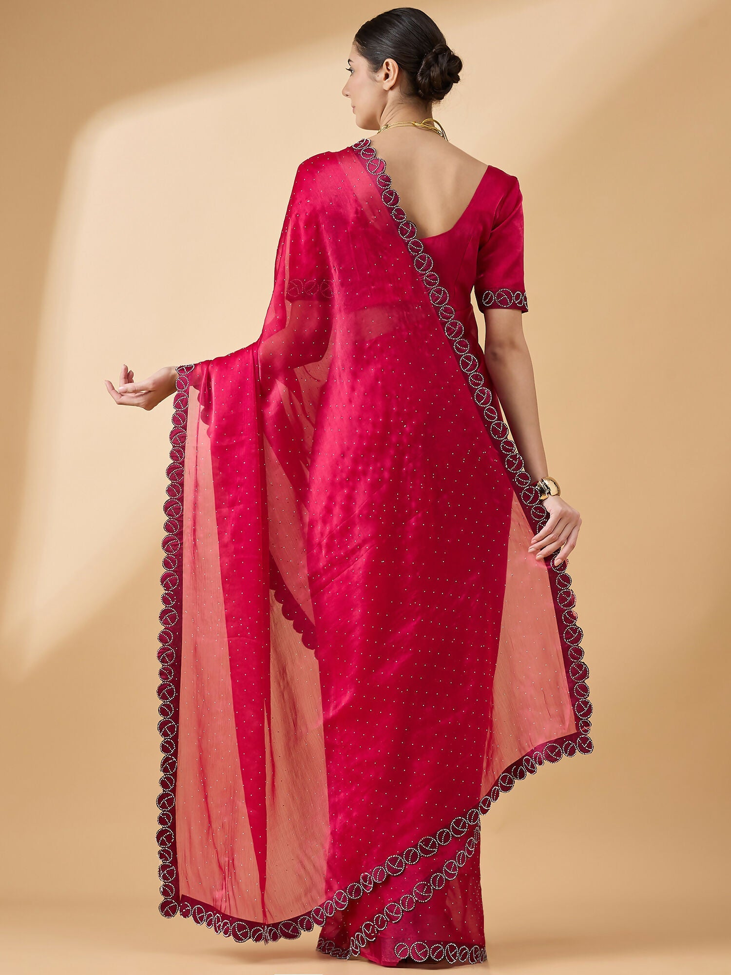 Pink Organza Swaroski Diamond Work Saree with Unstitched Blouse - Radha | Grocsy