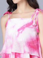 Myshka Women White Tie and Dye Dyed Layered A-Line Midi Dress | Grocsy