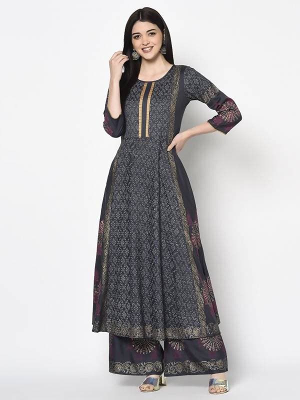 Aniyah Rayon Dark Grey Color Block Print Flared Slip-On Palazzo (AN-201K) | Grocsy