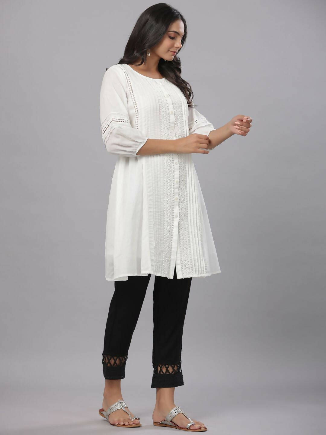 Juniper Women's White Cotton Silk Solid A-Line Kurta | Grocsy