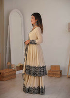 Teeya Creation Cream Color Faux Georgette Embrodiery Work Party Wear Sharara set | Grocsy