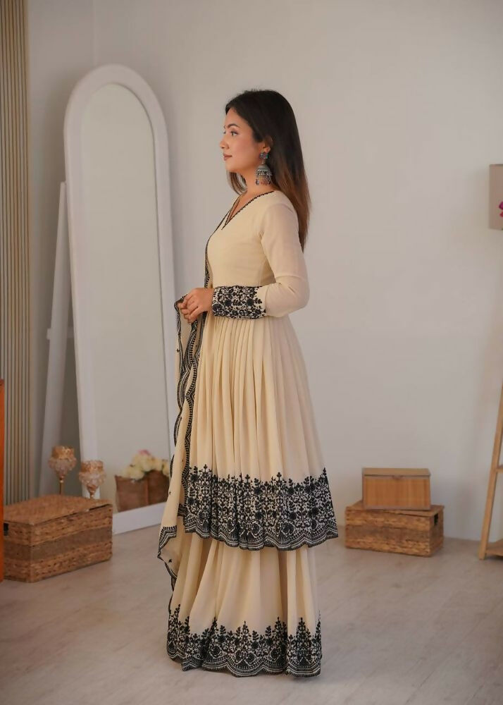 Teeya Creation Cream Color Faux Georgette Embrodiery Work Party Wear Sharara set | Grocsy