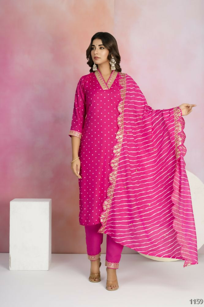 Ethnic Festive Wear Viscose Chanderi Pink Stitched Suit With Dupatta - Tanisha | Grocsy
