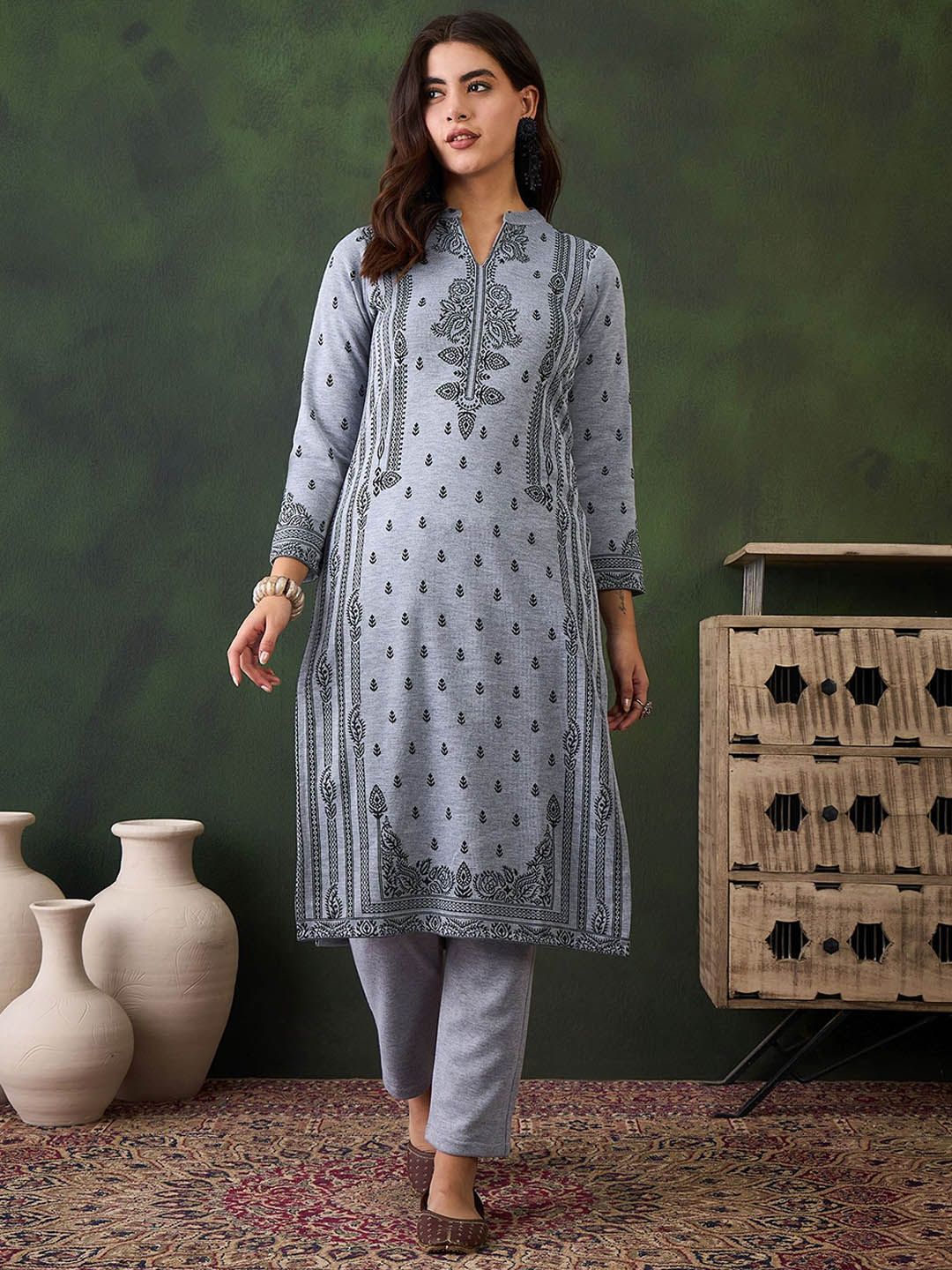 Sangria Self Design Winter Kurta & Trouser | Grocsy