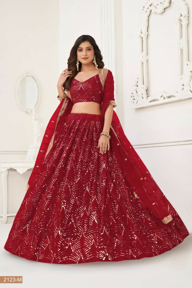Aastha Fashion Maroon Butterfly Net Tone To Tone Thread Work, Sequence Work And Original Mirror Work Embroidery Wedding Wear Lehenga Choli | Grocsy
