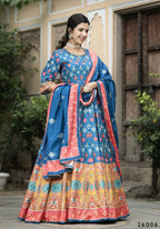 Wedding Designer Blue Soft Dola Silk Anarkali suit with Dupatta - Samanta | Grocsy