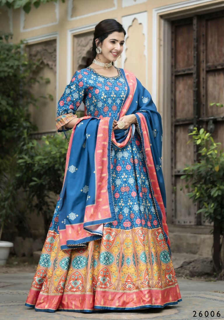 Wedding Designer Blue Soft Dola Silk Anarkali suit with Dupatta - Samanta | Grocsy