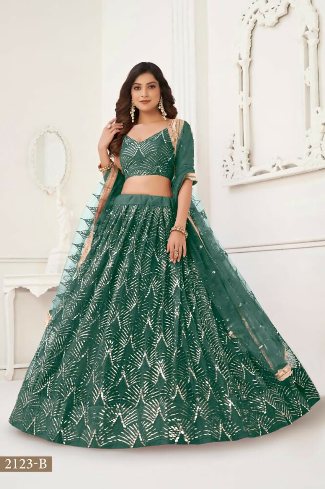 Aastha Fashion Bottle Green Butterfly Net Tone To Tone Thread Work, Sequence Work And Original Mirror Work Embroidery Wedding Wear Lehenga Choli | Grocsy