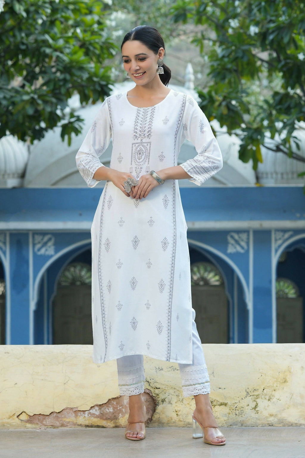 Juniper Women's White Rayon Placement Printed Straight Kurta | Grocsy