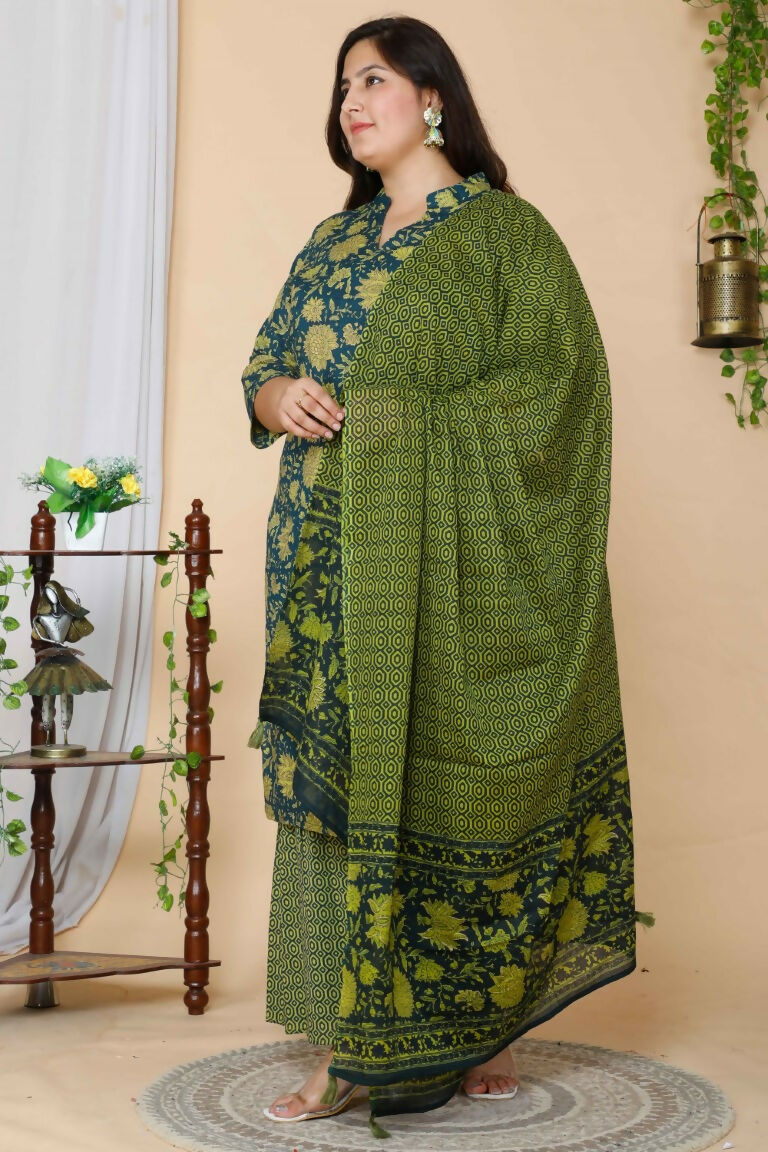 Miravan Women's Plus Size Green Floral Printed Cotton Kurta With Sharara & Dupatta Set | Grocsy