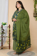 Miravan Women's Plus Size Green Floral Printed Cotton Kurta With Sharara & Dupatta Set | Grocsy