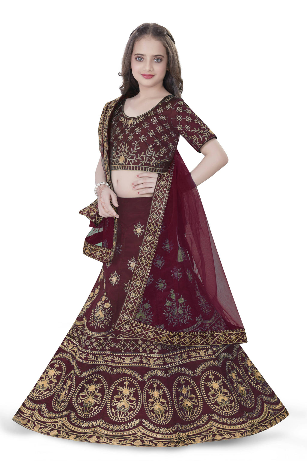 Dwiden Maroon Lehriyu Tafetta Sattin Semi-Stitched Girl's Lehenga Choli | Grocsy