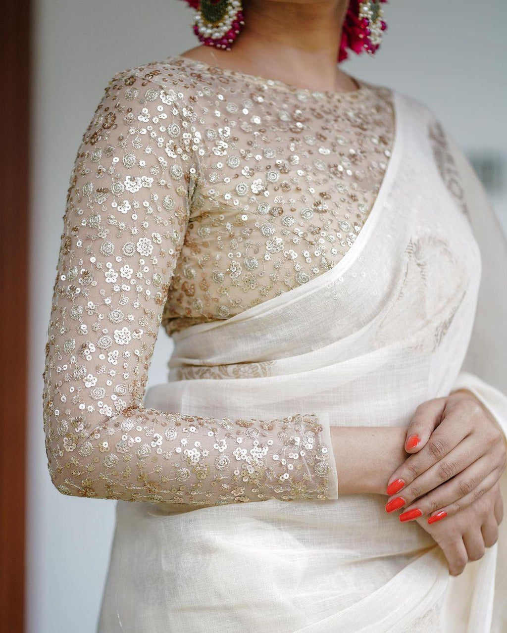 White Pure Linen Woven Design Saree with Unstitched Blouse - A2M | Grocsy