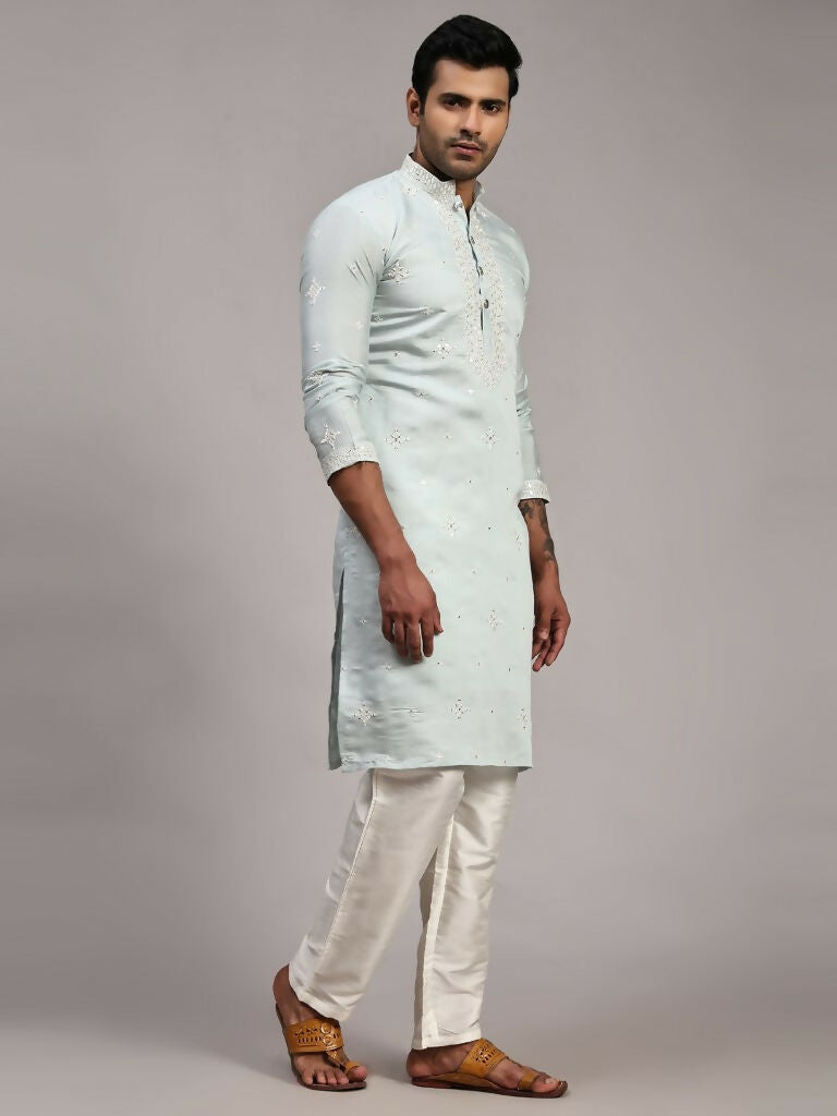 Light Blue Silk Designer Embroidery Work Men's Rajwadi Kurta Set - Mahotsav | Grocsy
