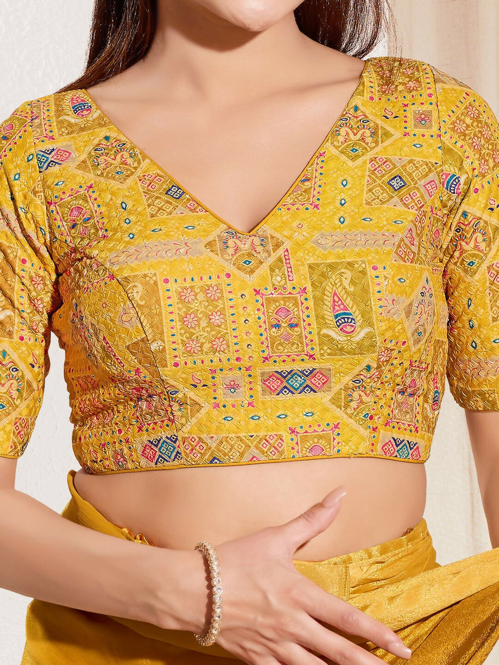 Joban Fashion Yellow Viscose Rayon Padded Blouse With V Neck Elbow Sleeves | Grocsy