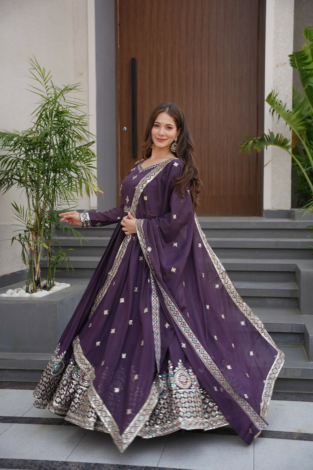 Teeya Creation Violet Color Pure Diamond Silk Wedding Wear Long Gown | Grocsy