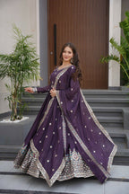 Teeya Creation Violet Color Pure Diamond Silk Wedding Wear Long Gown | Grocsy