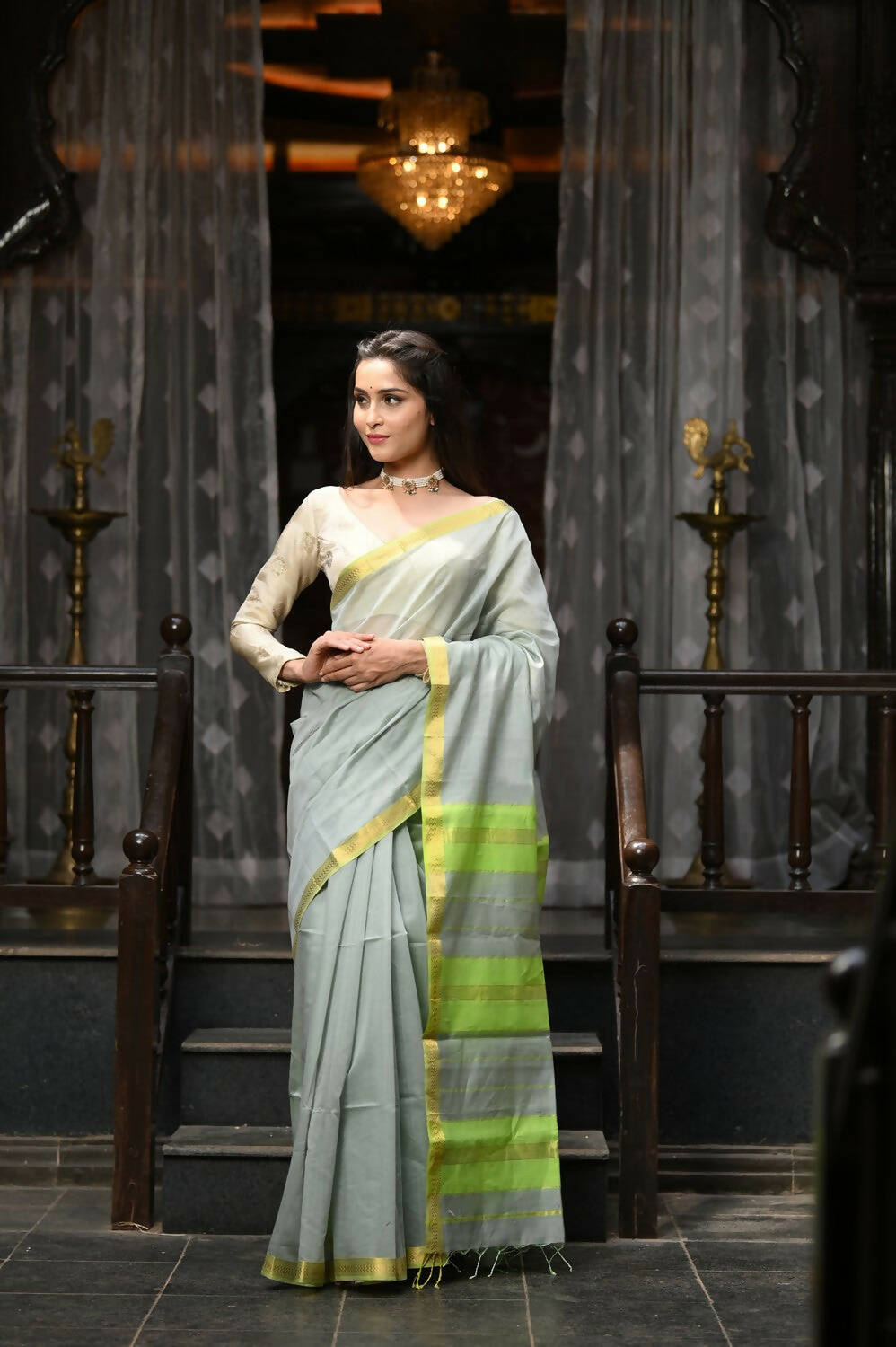 Very Much Indian VMI Exclusive Designer! Handloom Cotton Silk Saree With Sleek Golden Border - Sage Grey | Grocsy